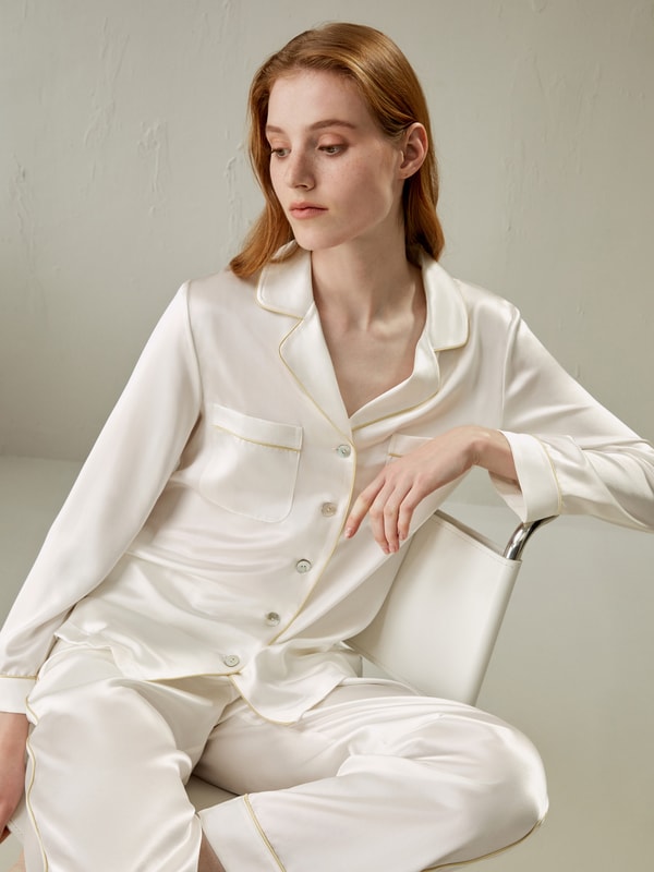 Natural White Gold Piping Silk Pajamas Set