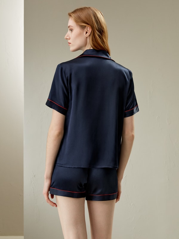 Navy Blue Women Silk Pajamas Set