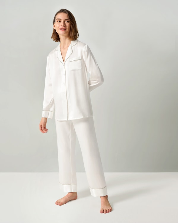 Natural White Rhinestone Trimmed Silk Women Pajamas Set