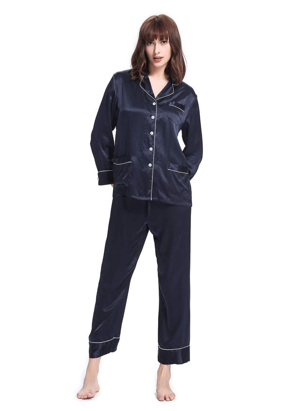 Navy Blue Chic Trimmed women Silk Pajamas Set