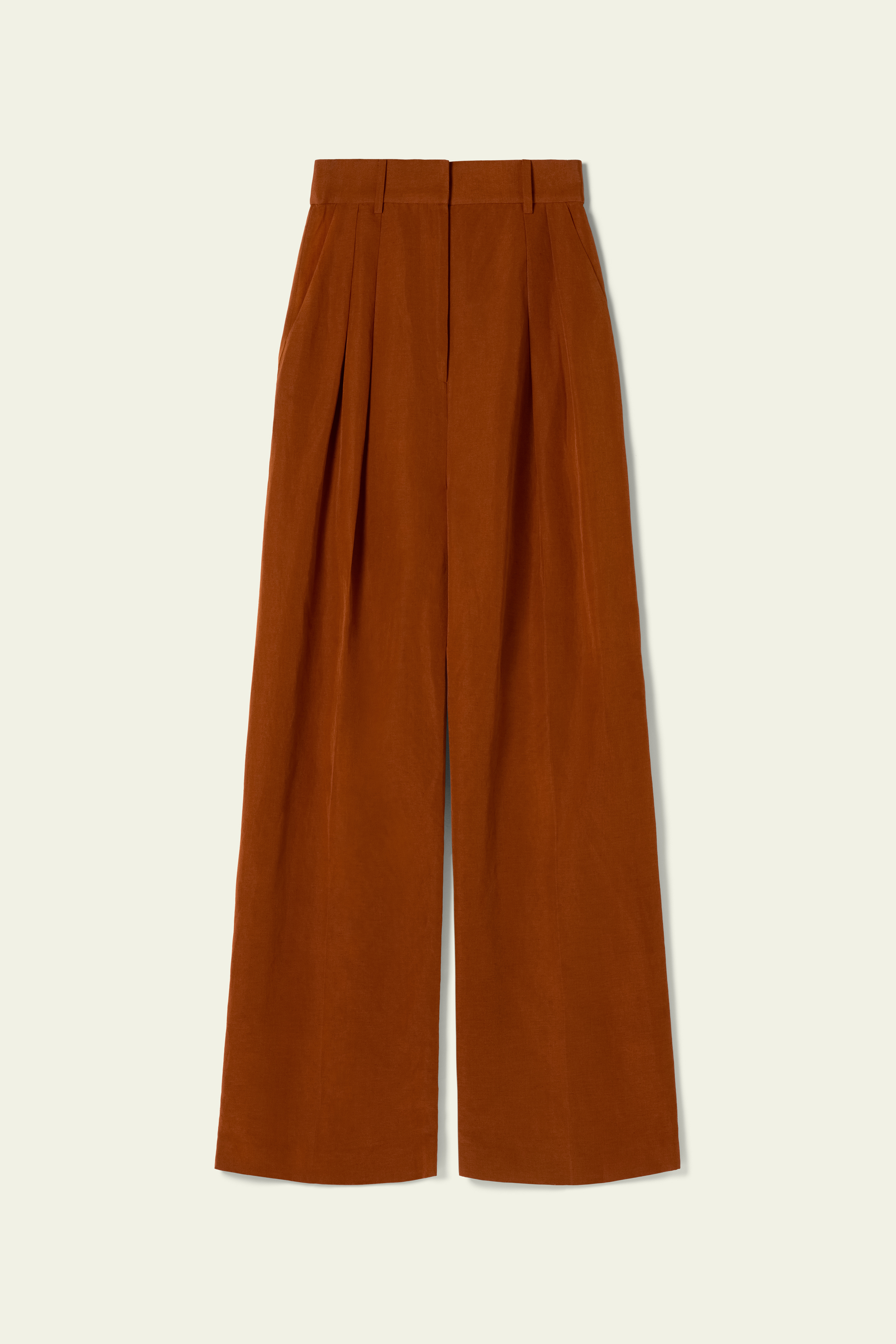 Terracotta Front-Pleated Silk-Linen Blend Trousers