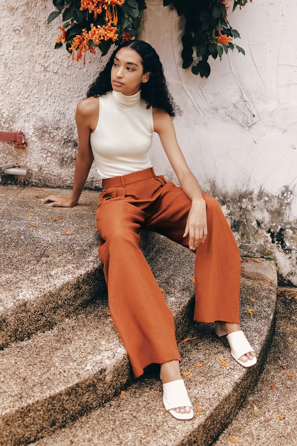 Terracotta Front-Pleated Silk-Linen Blend Trousers